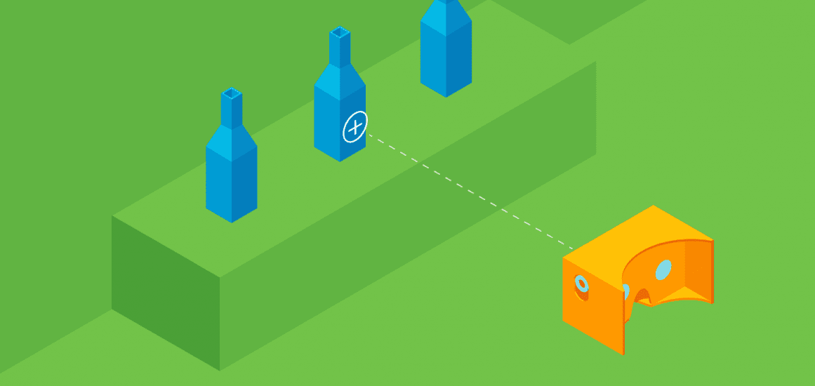 Graphic design of Google's cardboard headset viewing one of three blue bottles.