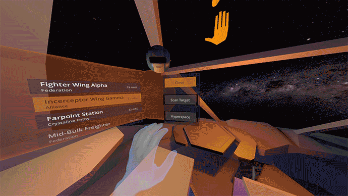 Gif of a VR environment that shows a person steering a space fighter jet.