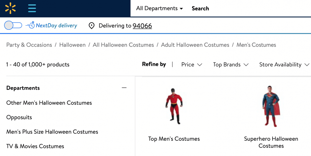 Walmart uses breadcrumbs in their navigation to help orient users to where they are on the website.