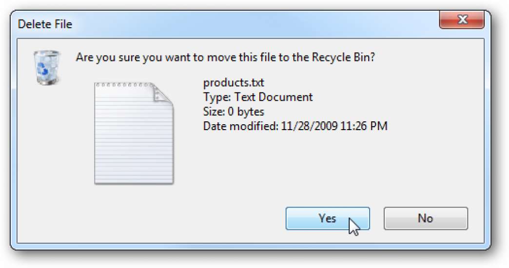 Windows dialog box asking the user if he wants to move a file to the recycle bin. 