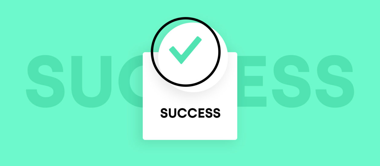 A checkmark on top of a dialog box that reads success