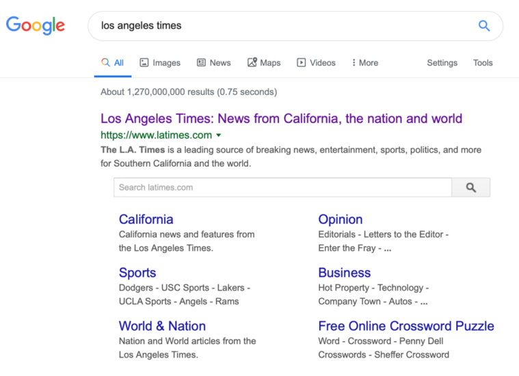 A google search results page when the Los Angeles Times is entered in the search query.