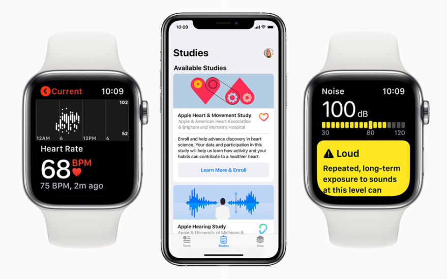 Two apple watches with an iphone in between showing different health results on the display faces. 