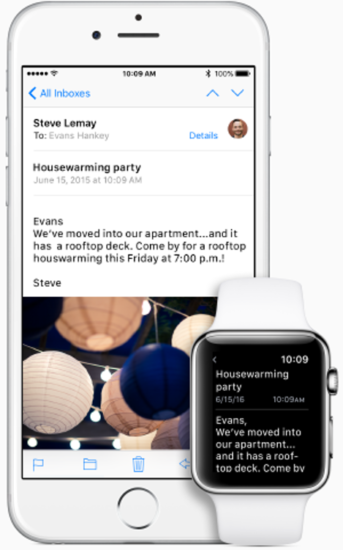 An apple watch and iPhone side-by-side showing how a person can read an email on both the phone and the watch. 