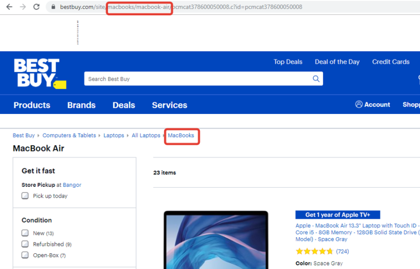 screenshot of Best Buy website showing the chronological order of the site structure to get to a specific product page.