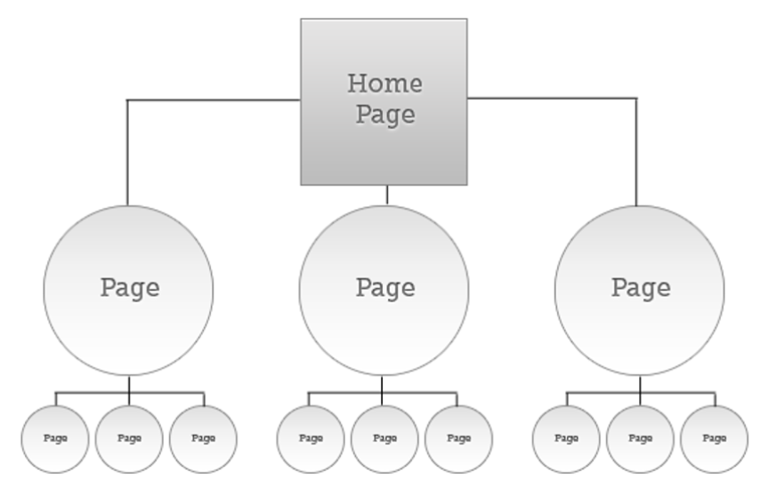 Square with the words home page written inside being split in to smaller circles with the word page written within and smaller circles broken off of the circles to show a hierarchical look.