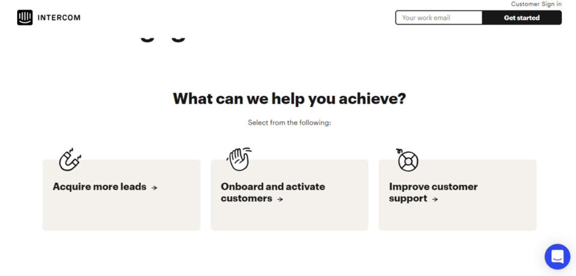 Screenshot of Intercom's website and the customer service help section with smaller boxes for specific needs.