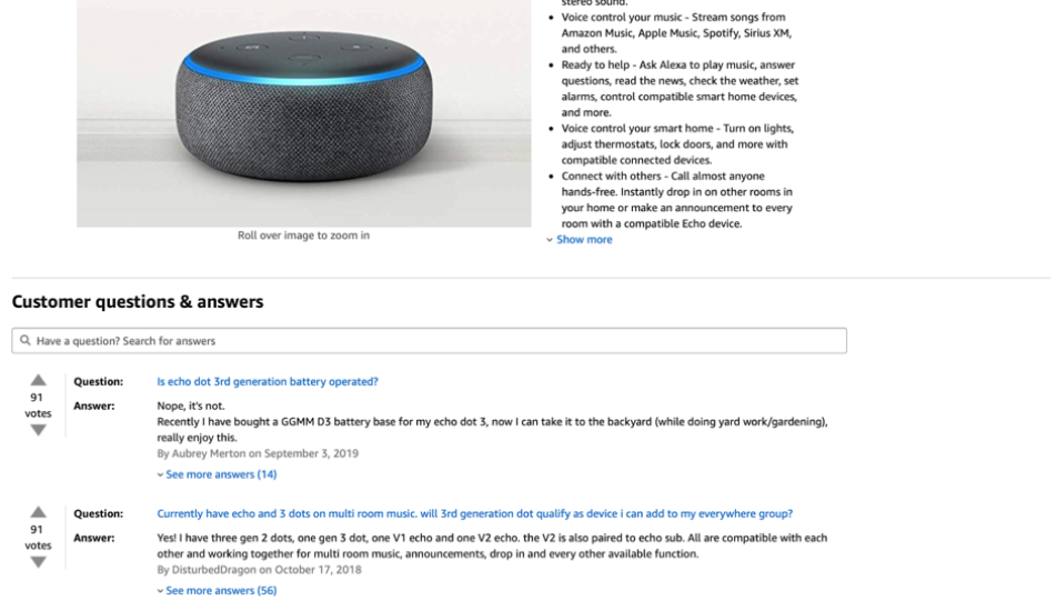 screenshot of a customer question and answers section on Amazon.com regarding the Amazon Alexa.