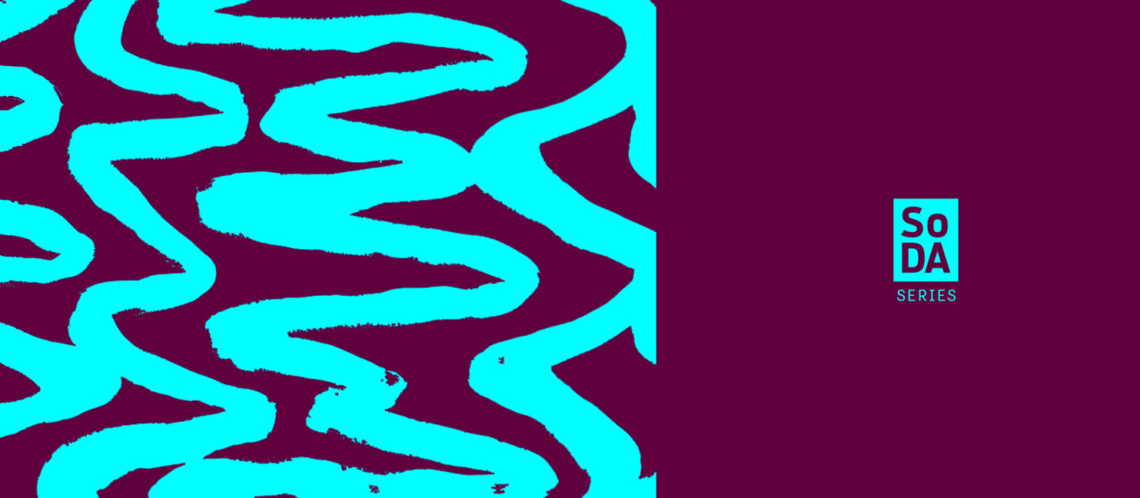 An abstract design of turquoise squiggles on maroon background