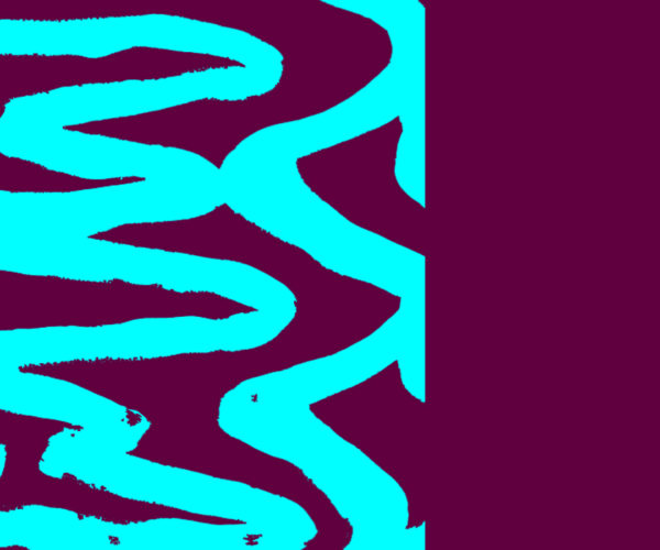 An abstract design of turquoise squiggles on maroon background