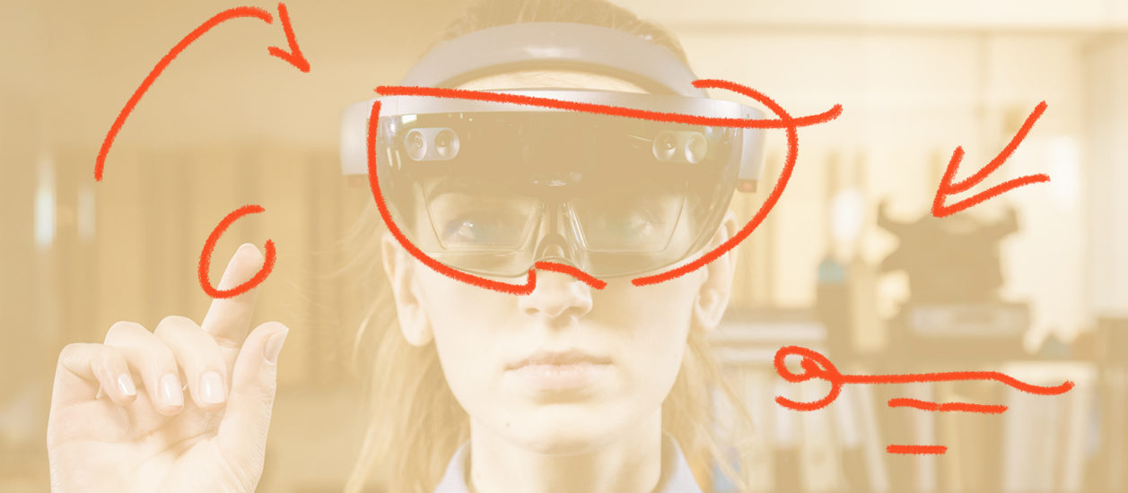 Photograph of a woman with an AR mask penciled in over her face.