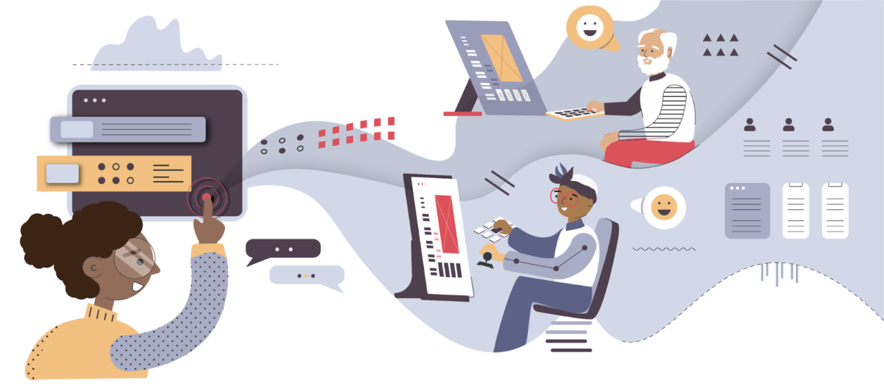 Illustration depicting the role of design systems in supporting users using assistive devices and keyboard triggers to interact with interfaces.