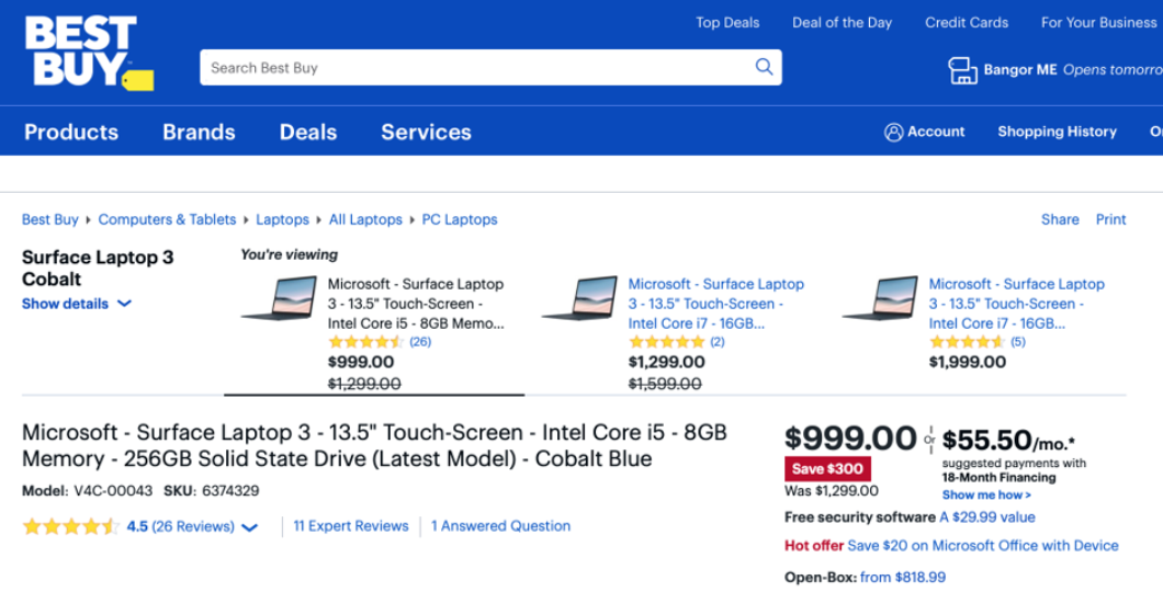 Screenshot of Best Buy's website showcasing a specific product page for a laptop.