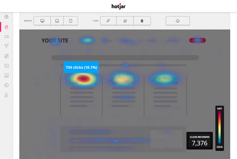 Screenshot of a website with heat marks on the page to show where users are interacting the most on the site.
