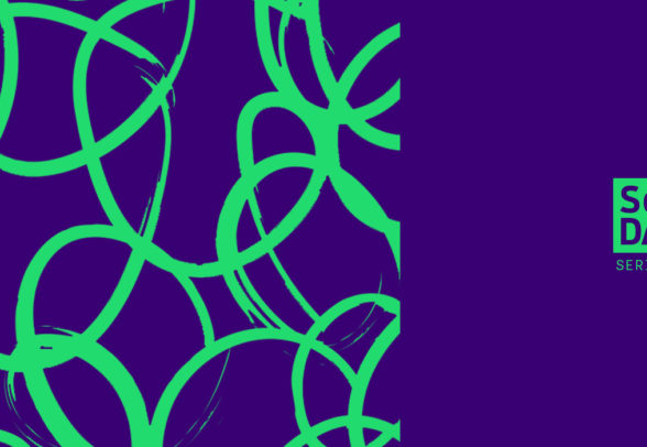 An abstract image of green circular squiggles on a blue background