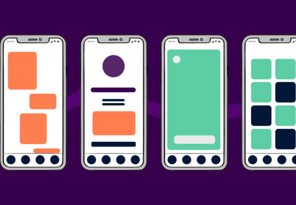 A series of illustrated mobile app wireframes with different screen layouts on a purple background.