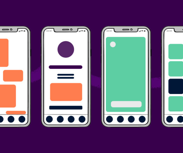 A series of illustrated mobile app wireframes with different screen layouts on a purple background.