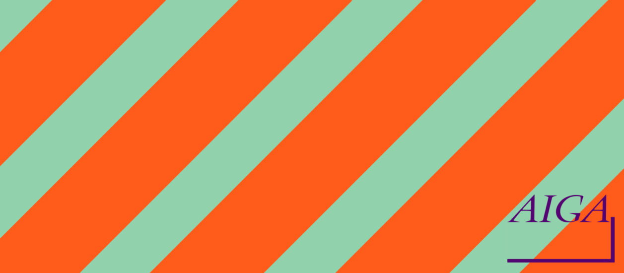 The AIGA logo on an orange and teal diagonal background pattern.