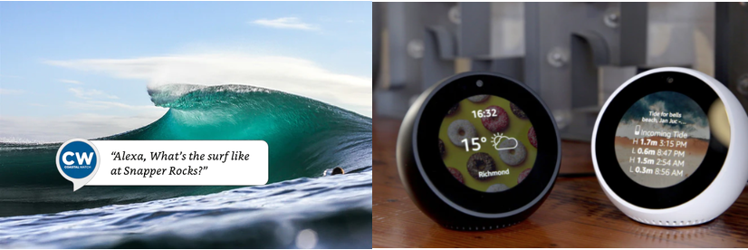 A user asks Alexa what the surf is like at Snapper Rocks. Results appear on visual voice assistants.