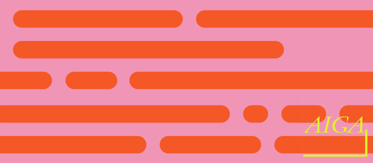 The AIGA logo on a pink and orange dash and dot background pattern.