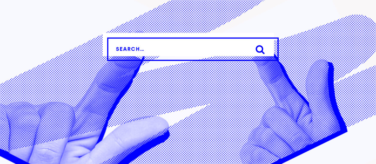 two hands touching a UI that shows a Google search bar
