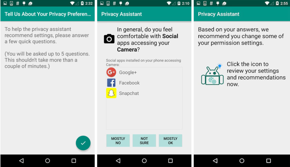 Screenshots from Carnegie Mellon University's Privacy Assistant app which asks the user screening questions to benchmark their comfort with degrees of data sharing, then provides personalized privacy settings recommendations.