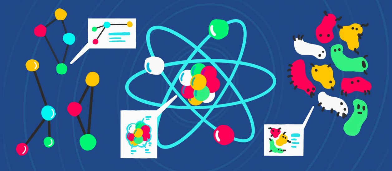 An illustration of atoms and molecules representing Atomic Design.