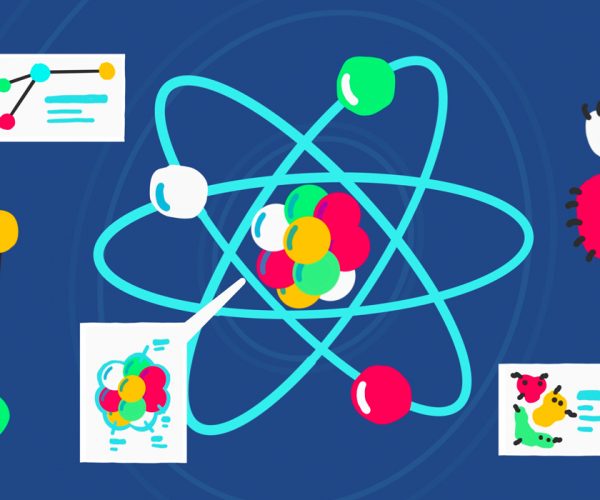 An illustration of atoms and molecules representing Atomic Design.