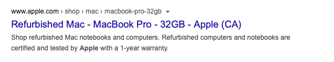 A Google search result for Apple.com's Macbook Pro 32GB product page.