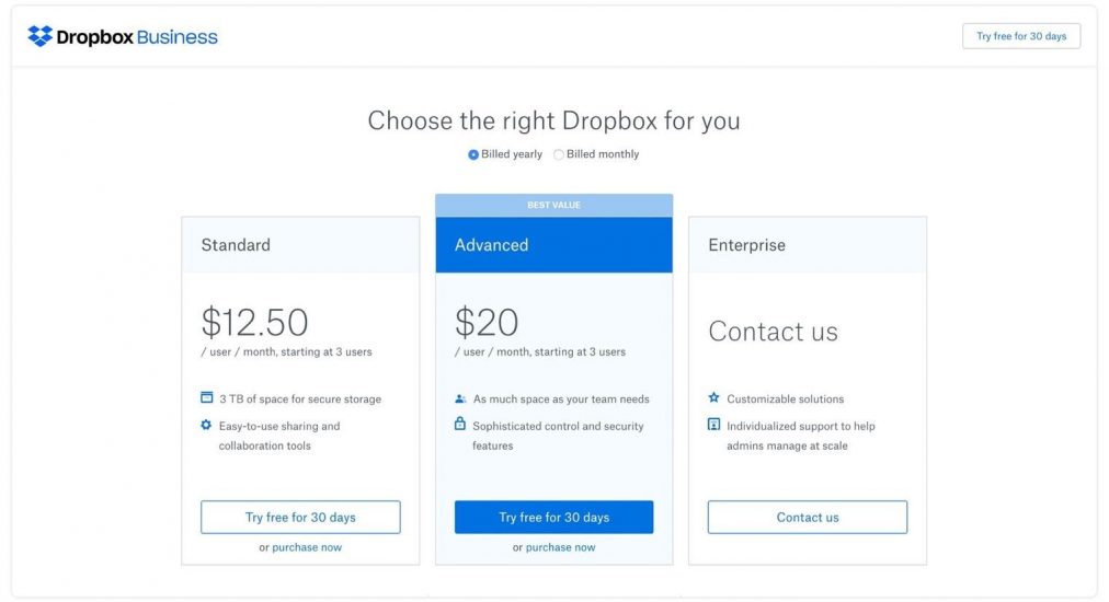 The suggested pricing package has a unique blue CTA while the others are white thus directing the user to this option. Image credit Dropbox.