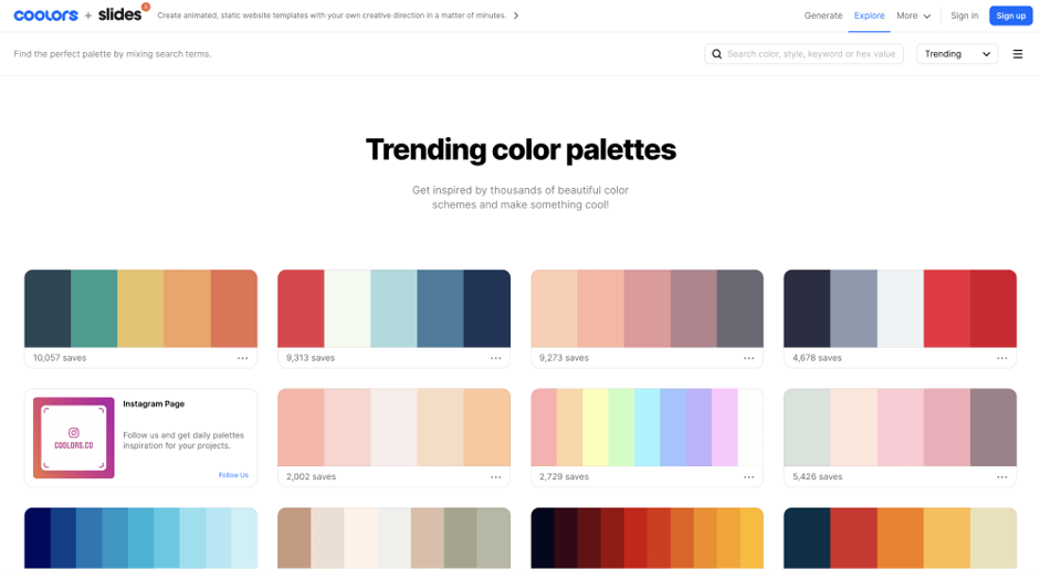 Trending color palettes give UX designers inspiration.Image credit Coolors.