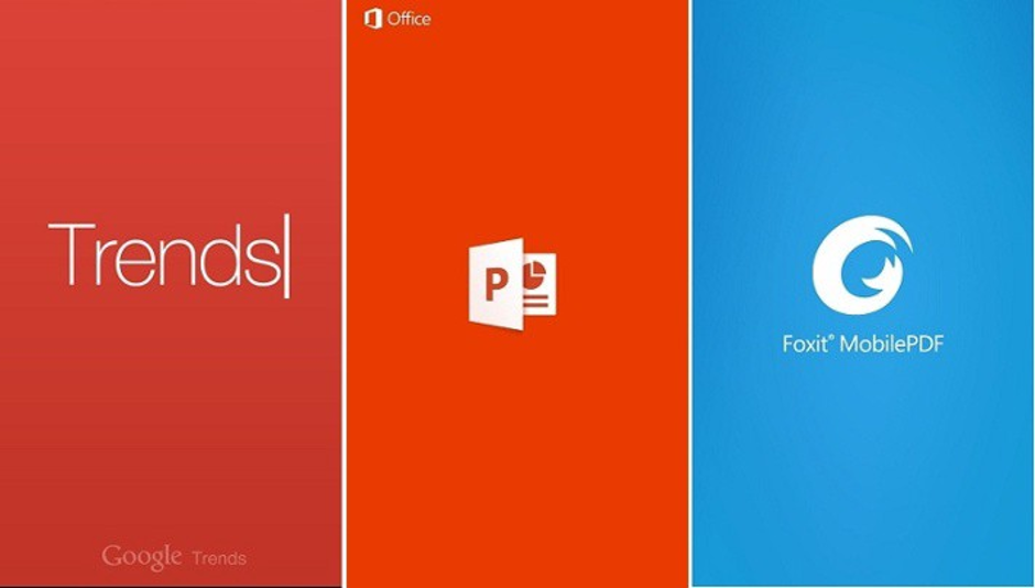 The mobile app splash screens for Google Trends, Powerpoint, and Foxit MobilePDF use simple designs.