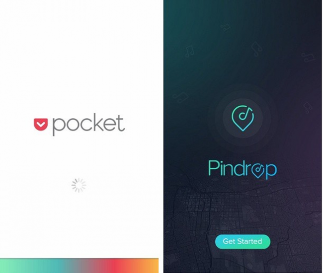 The splash screen for mobile apps Pocket and Pindrop show the current state of the system. 