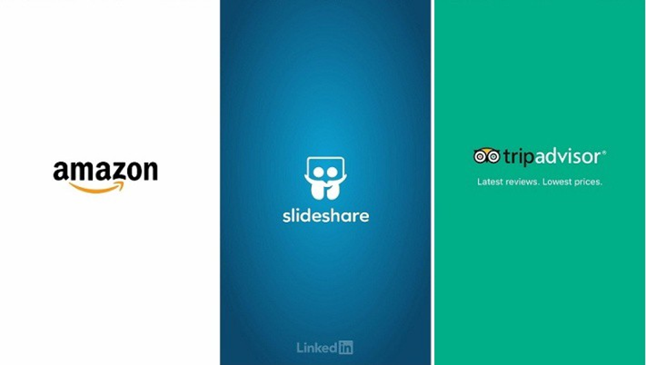 Splash screens for the Amazon, Slideshare, and TripAdvisor mobile apps showcase the brand's identity. 