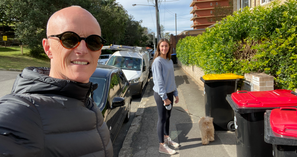 Guy Ligertwood takes a selfie while he and his daughter walk their dog.