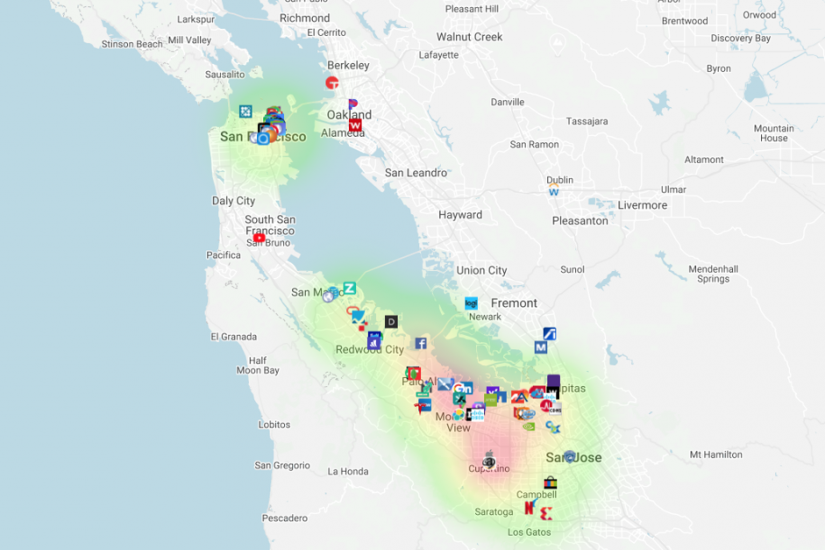 Silicon Valley Map shows the location of many large tech companies and start-ups in San Francisco and the Bay Area.
