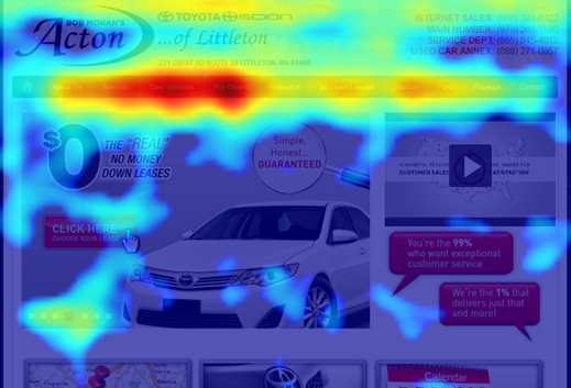 A click tracking heat map. The areas with the most engagement are red while areas with the least are blue. 