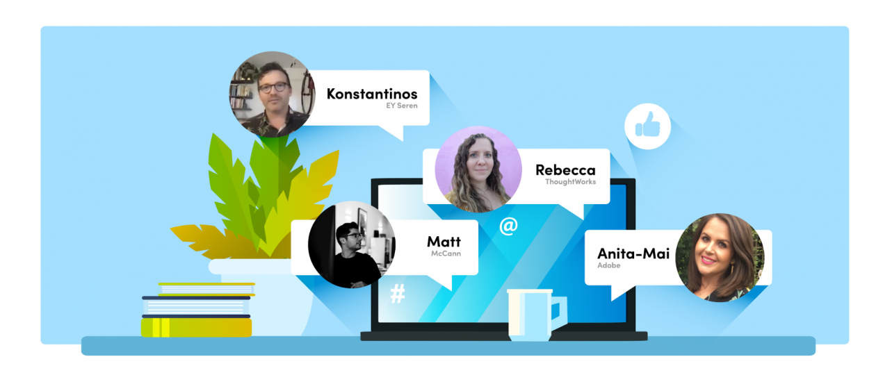 Avatars for Anita-Mai Goulding, Rebecca Ferguson, Matt Sanders, and Konstantinos Dimakos overlaid on a home-office illustration.