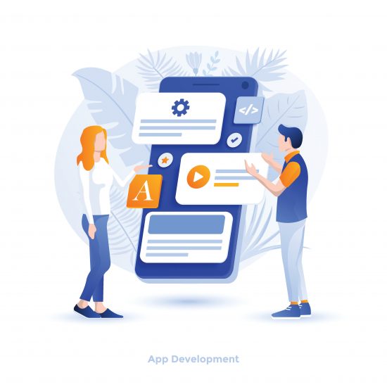 Illustration of people standing next to an app.