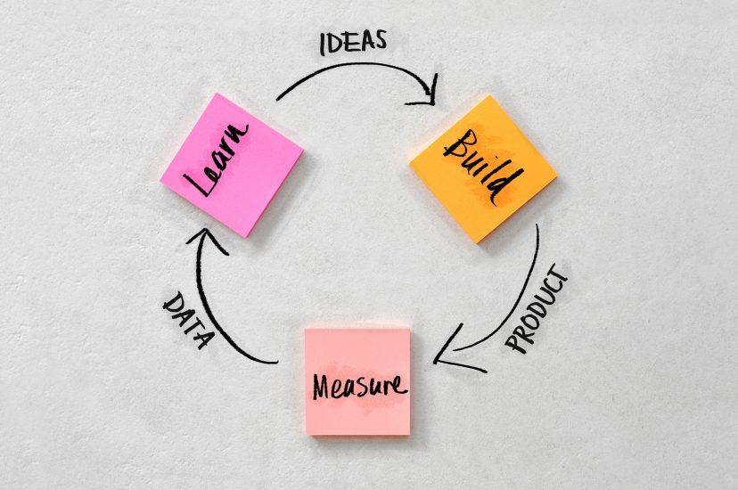 Build, Measure, and Learn—the three steps for Lean UX—on sticky notes. 