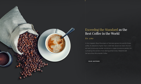 Coffee website landing page in dark mode. 