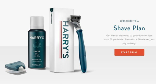 Harry’s landing page incorporates white space, an upfront value proposition, minimal navigation, and a highly visible CTA. 