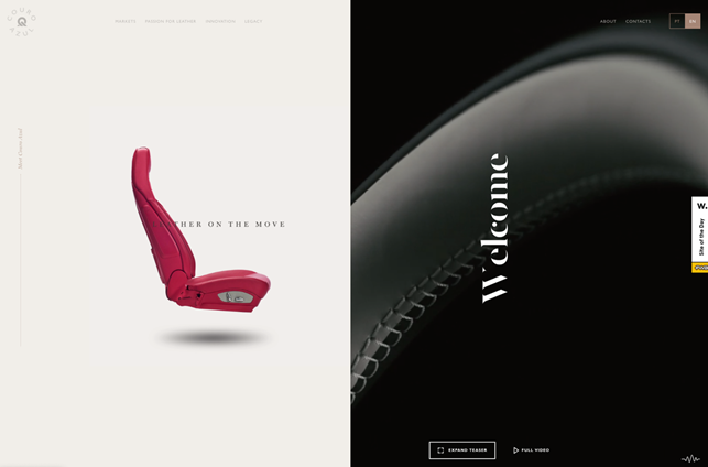 Image of a 3D leather car seat on one side of the screen and a dark-mode style on the other with the word “Welcome.” 