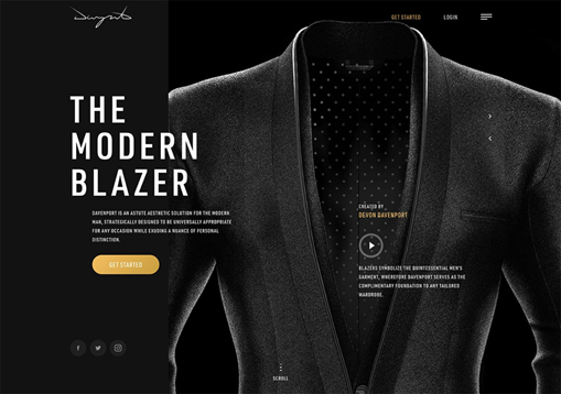 Landing page in dark mode with main image of a shirt and suit with a button saying, “Get Started.”