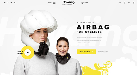 Main page for company promoting airbags for cyclists. It incorporates real photography of bikers surrounded by graphics to make a visually appealing landing page. 