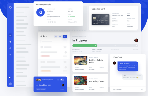 This example from Jet shows an operational dashboard, featuring real-time data about a specific customer’s orders and credit card information. 