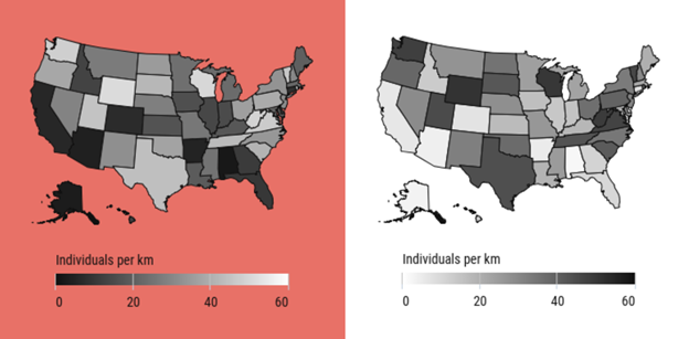 Be careful not to mislead your user; darker shades on a map typically refer to volume concentration, but the map on the left reverses this. 