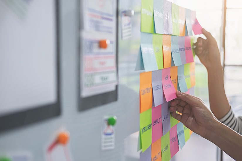 UX engineers often brainstorm a concept using colorful sticky notes on a whiteboard.