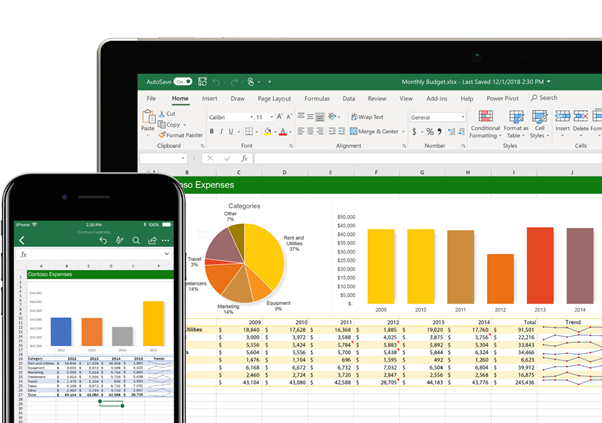 Example of visual and functional consistency across Excel in both desktop and mobile uses. 