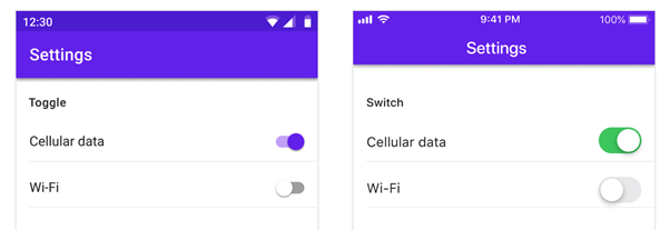 Follow platform default visual styles for function elements: in this picture you can see default toggle switches in Android and iOS. 